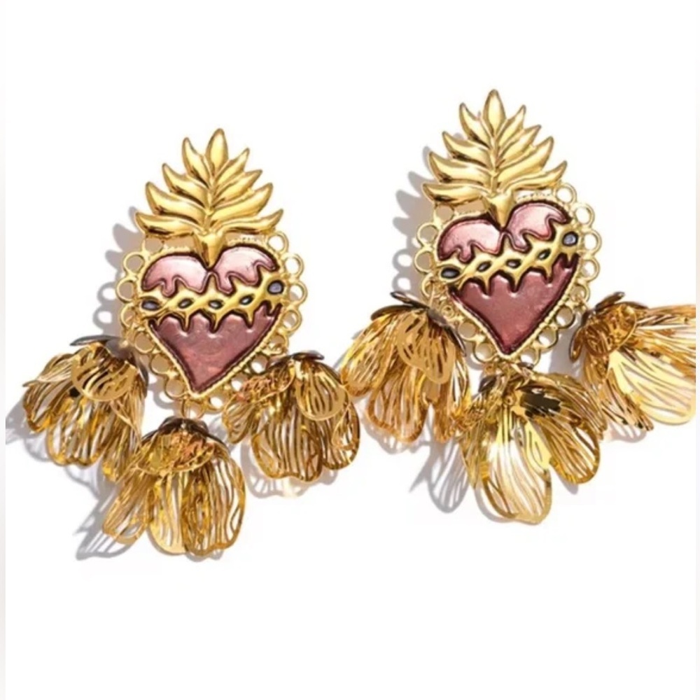 Anthropologie Goldtone Earrings with Pink Heart and Leaf Charms